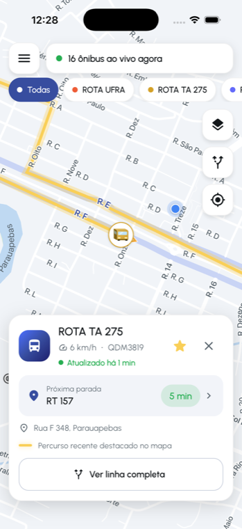 Card de detalhe do ônibus com rota, velocidade e próxima parada